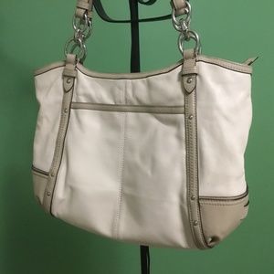 Coach Alexandra Leather Cream and TaupeTote Shoulder Purse Handbag